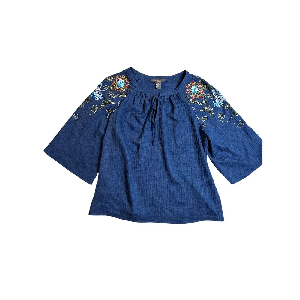 Olivia & Martin Womens 1X Blue Embroidered Floral Sequin Peasant Blouse Tie Neck - Picture 2 of 7